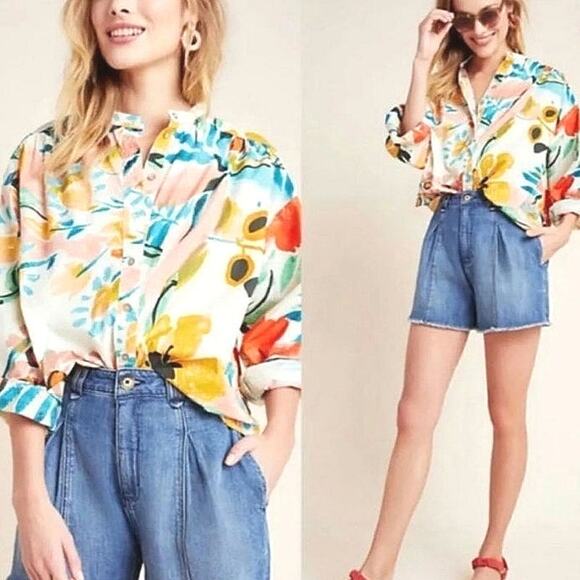 Anthropologie Floral Button Down Shirt Relaxed Fit Long Sleeve Tropical Boho S - Picture 7 of 16